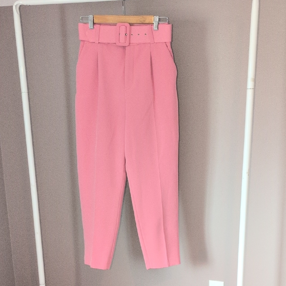 Zara Pink High-Waist Belted Trousers